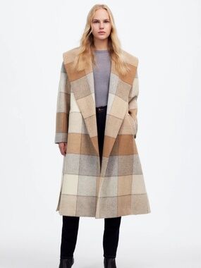 Madewell Belted Robe Coat in Plaid Soft Fawn Size XS